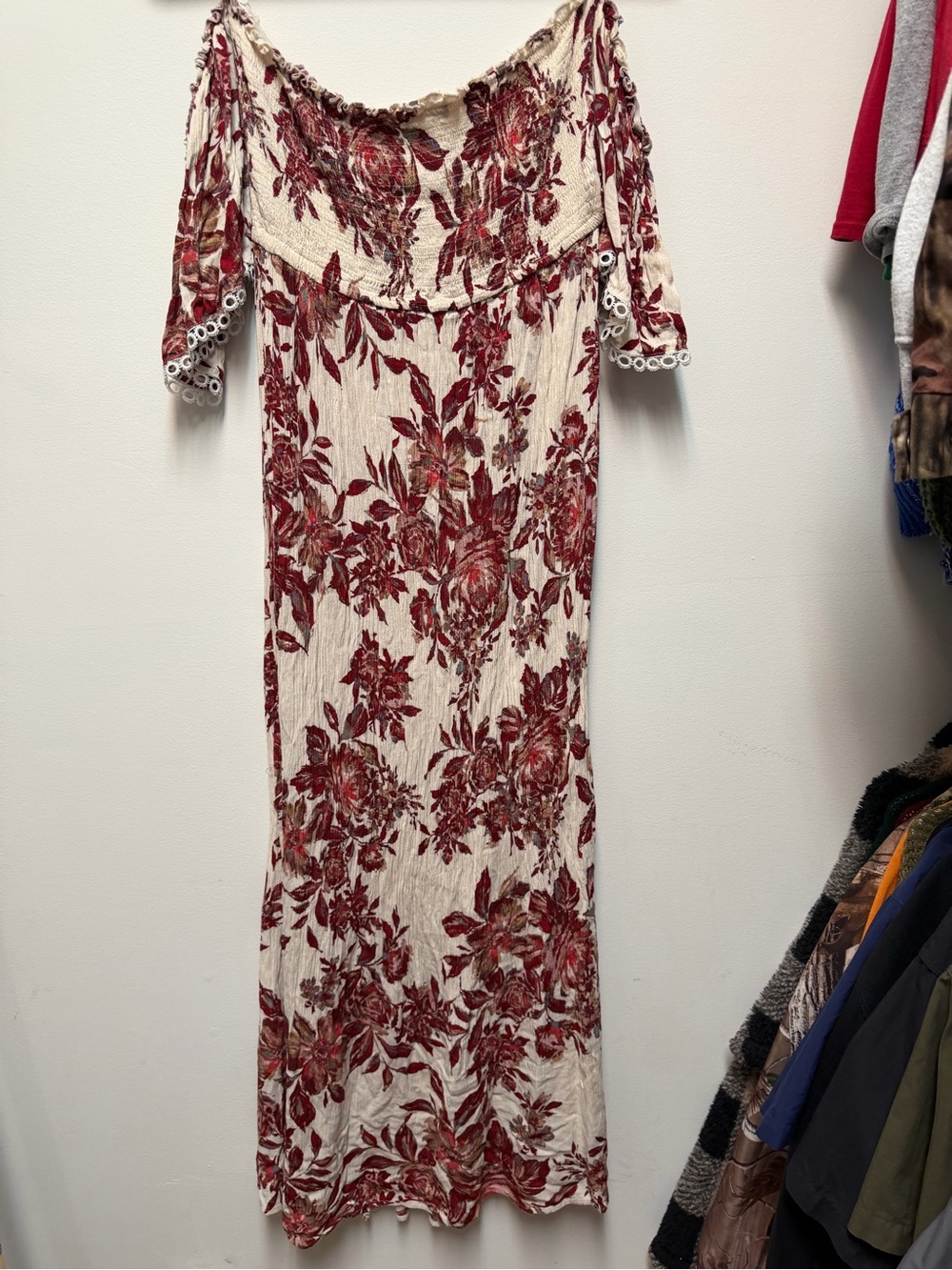 Unik Cream Maxi Dress with Red Floral Print